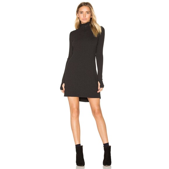 Michael Lauren Revolve Small Dress Black Ribbed Knit Turtleneck Raw Hem NWT - Picture 1 of 15